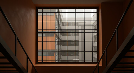 Aufkleber - Architectural Symmetry Grid Window Framing Building Exterior in Orange and Grey