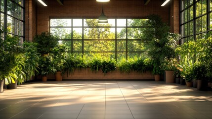 Poster - Sunlit open space featu potted plants and a large window overlooking a lush green forest landscape view.