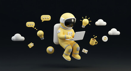 Aufkleber - Astronaut Using Laptop Surrounded by Floating Ideas Clouds and Coffee