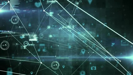 Poster - Interconnected digital network glowing lines flowing across teal grid showing padlocks, music icons