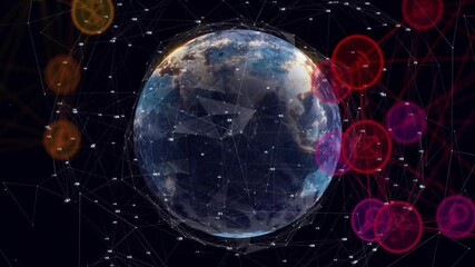 Poster - 3D Earth globe being animated in dark void, with white mesh lines and red network nodes