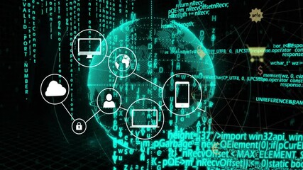 Poster - 3D render visualizing network with rotating neon globe streaming code and connecting icons