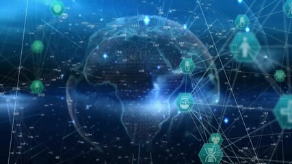 Poster - Dotted 3D globe spinning, floating hexagonal nodes linking DNA, heart, flask, cross, upward arrow