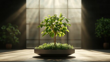 Poster - A small tree in a pot sits in a sunlit room creating a peaceful and natural atmosphere indoors today.