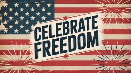 Poster - United States Independence Day Greeting Card, vintage-themed 4th of July flyer using distressed textures 'Celebrate Freedom, created with generative ai	