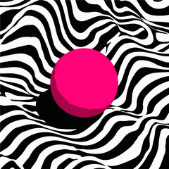Aufkleber - Vector illustration with a bold pink sphere on a dynamic black and white wavy striped background. Optical illusion effect creates a modern, striking, and vibrant abstract visual.