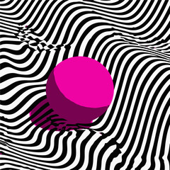 Aufkleber - Vector illustration with a bold pink sphere on a dynamic black and white wavy striped background. Optical illusion effect creates a modern, striking, and vibrant abstract visual.