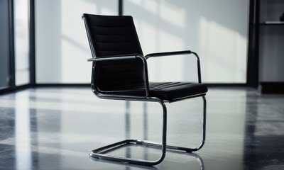 Poster - A black leather chair sits in a room