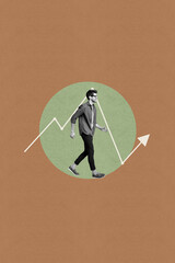 Poster - Creative image collage of person near drawing arrow analysis on brown color background