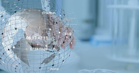 Poster - Senior man hovering hand under holographic globe in tech lab, showcasing data nodes and codes