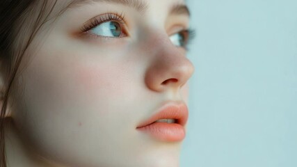 Poster - Portrait of a woman's face with bright blue eyes, ideal for beauty and fashion concepts