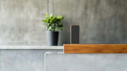 Poster - Smartphone on Wooden Dock in Modern Kitchen with Minimalist Design Elements