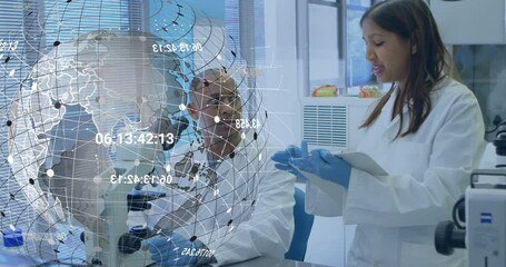 Aufkleber - scientists using tablet and microscope in research lab, displaying digital network globe overlay