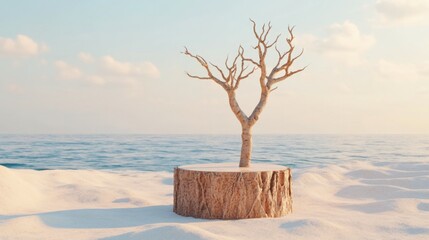 Poster - Minimal mock-up background for product presentation, featuring a podium, dry tree twigs branch, and white sand beach on a white background