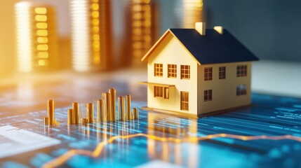 Poster - Real estate and investment concept with bottom view on sunny skyscrapers tops and digital financial chart with stock market diagram illustration , no logos, no brands