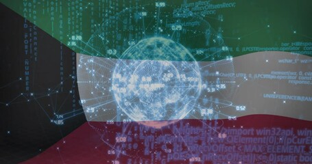 Aufkleber - 3D holographic globe rotating over Kuwaiti flag backdrop, floating code snippets and network lines