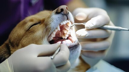 Poster - A dog having its teeth checked by a veterinarian