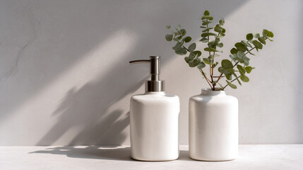 Poster - Still life of white ceramic dispenser and vase with eucalyptus leaves on a white surface lit by sunlight