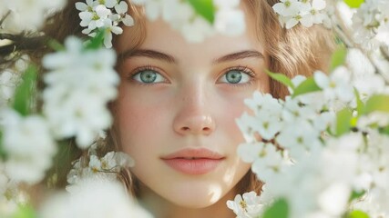 Poster - A woman's face is adorned with white flowers, her piercing blue eyes standing out against the delicate petals