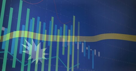 Poster - Data visualization displaying grid with green and blue bars, yellow ribbon, red curve and starburst