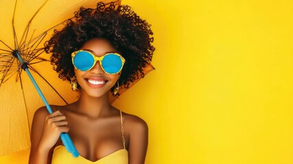 Aufkleber - A woman wearing sunglasses holds an umbrella on a cloudy day