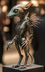 Poster - Intricately designed bronze sculpture of a unique figure captured with dramatic lighting in an art gallery setting