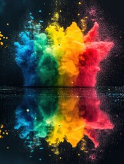 Wall Mural - rainbow powder explosion on black reflective surface studio shot abstract art colorful dust cloud