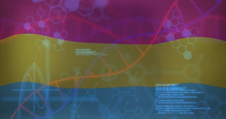 Poster - Glowing double helix DNA strand being animated in flat design, showcasing diagrams, plots, code