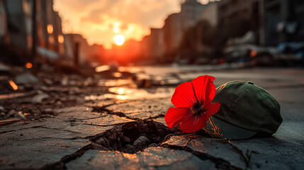 Wall Mural - red flower is laying on a cracked sidewalk
