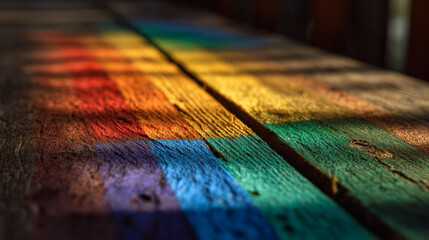 Poster - Rainbow light reflecting on a weathered wooden surface with a crack running down the middle of the boards