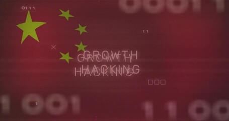 Poster - Growth hacking text pulsing on red backdrop, showing lime-green stars floating and binary glitch