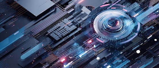 Fototapete - Futuristic abstract geometric composition with glowing neon accents and depth