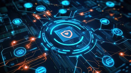 Poster - secure tech system safeguards data. futuristic circuit board graphic shows secure system. ai protect