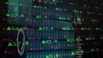 Poster - Floating green red numeric values moving across dark interface, showing up down arrows, bars