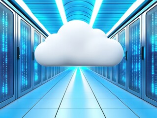 Poster - Digital Cloud Technology in Modern Data Center with Bright Lights and Server Racks