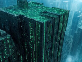 Poster - Futuristic High-Tech Skyscraper with Neon Green Circuit Patterns in a Cyberpunk Cityscape