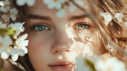 Poster - Close-up of a woman's face surrounded by flowers, great for beauty or nature-themed projects
