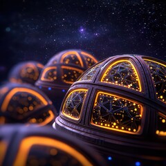Poster - Abstract futuristic domes with glowing lights against a starry space background in a cosmic environment