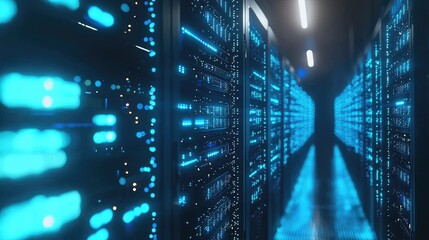 Aufkleber - Close-up blurred view of glowing server racks with bokeh light effects, emphasizing high-speed data flow and abstract visualization of IT environments