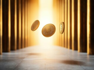 Poster - Floating Bitcoin Coins in Golden Light with Abstract Background and Vertical Columns Representing Virtual Currency