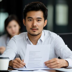 Poster - Focused young man reviewing documents with concentration in a modern office setting during a professional meeting