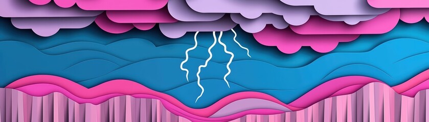 Poster - Abstract paper art with pink and blue layers, weather motif featuring lightning and cloud elements