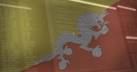 Poster - White dragon emblem floating across yellow red diagonal flag while showing code overlay