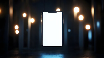 Poster - Futuristic Mobile Device: A high-tech smartphone, with its blank display, floats against a backdrop of illuminated lights, suggesting a world of seamless digital connection and innovation. 