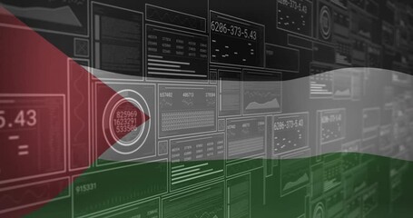 Poster - Semi-transparent Palestinian flag overlaying UI panels, displaying charts, graphs, numeric readouts