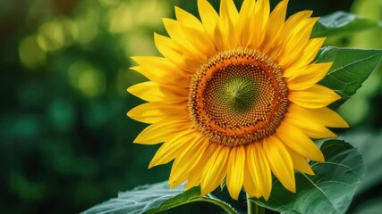 Poster - A close-up of a large bright yellow sunflower with healthy green leaves, ideal for use in floral arrangements or as a standalone decorative image