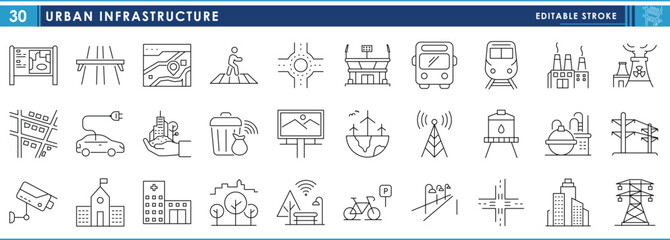 Poster - A set of line icons related to Urban Infrastructure. Services, building, planning, health, road, electricity, security, and so on. Vector editable stroke.