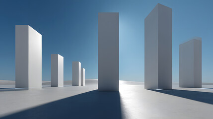 Poster - abstract geometric pillars in the sun: minimalist composition of white geometric pillars against a b