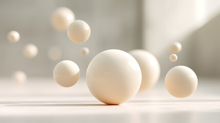 Poster - floating spheres: an abstract image featuring multiple off-white spheres of varying sizes, seemingly