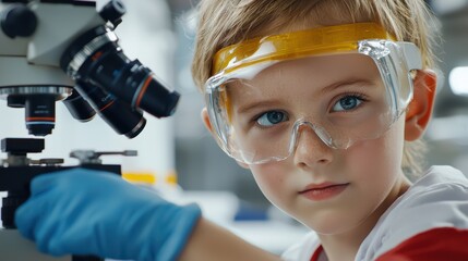 Poster - young scientist using microscope in laboratory with protective gear, studying samples with focus and